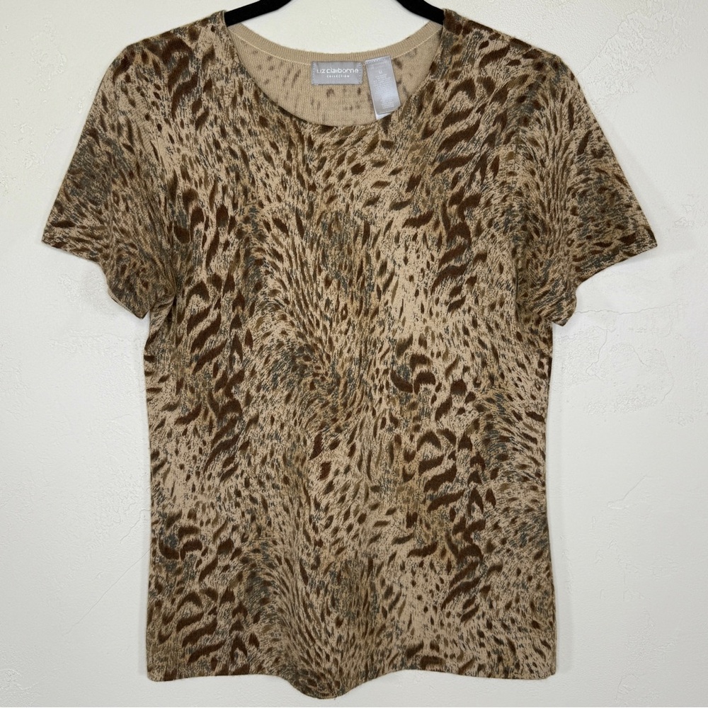 Vintage Liz Claiborne Lambs Wool Angora Rayon Blend Animal Print Short Sleeve